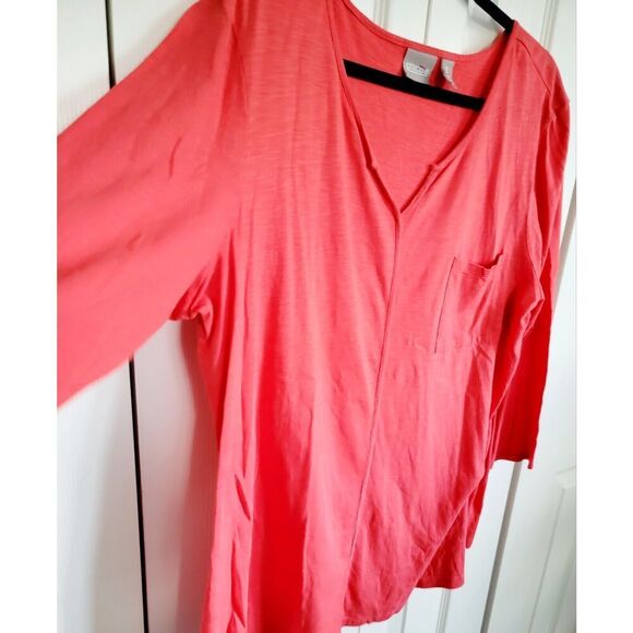 Chico's 3 Orange Cotton Blend V-Neck Short Sleeve T-Shirt XL Chest Pckt - Picture 7 of 8